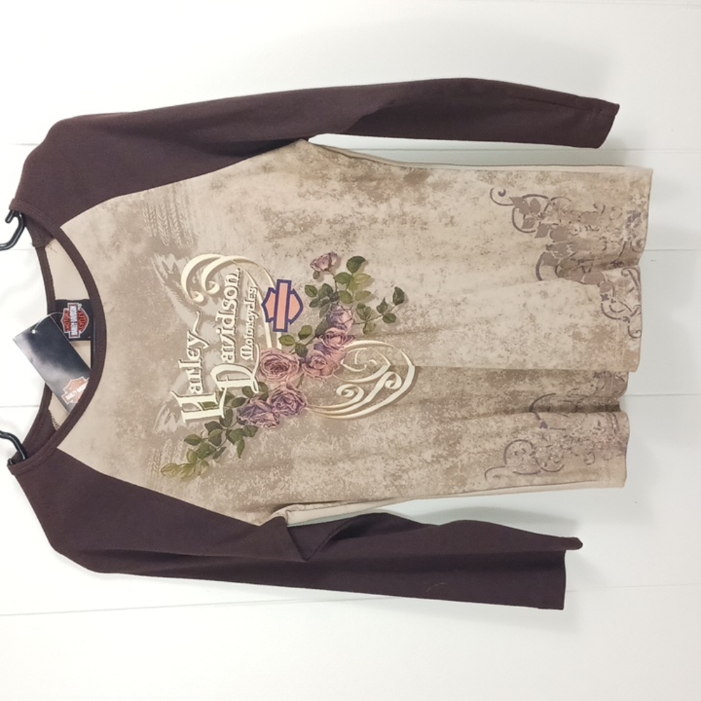 NWT 2006 Harley Davidson T-Shirt 3/4 Sleeve Roses Paris Texas Women's Large C27